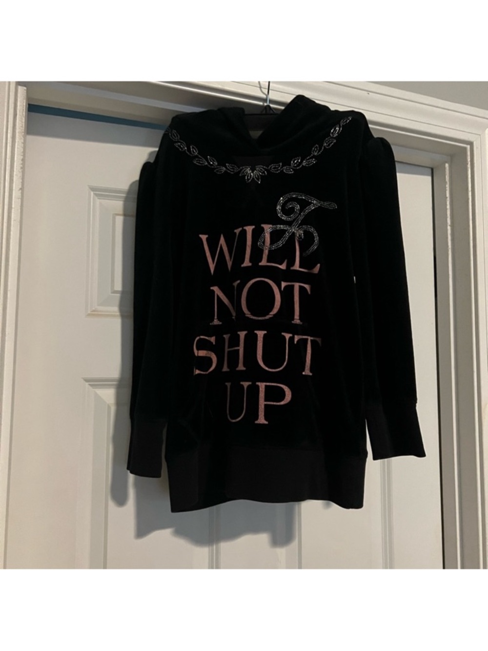 Juicy Couture Black Velvet Hoodie with Pink Script and Rhinestone Accent